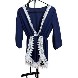 Unbranded Crochet Lace Trim Romper Womens Small Navy Blue Boho Bell Sleeve